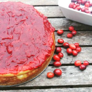 cranberry cheesecake with some raw cranberries scattered around
