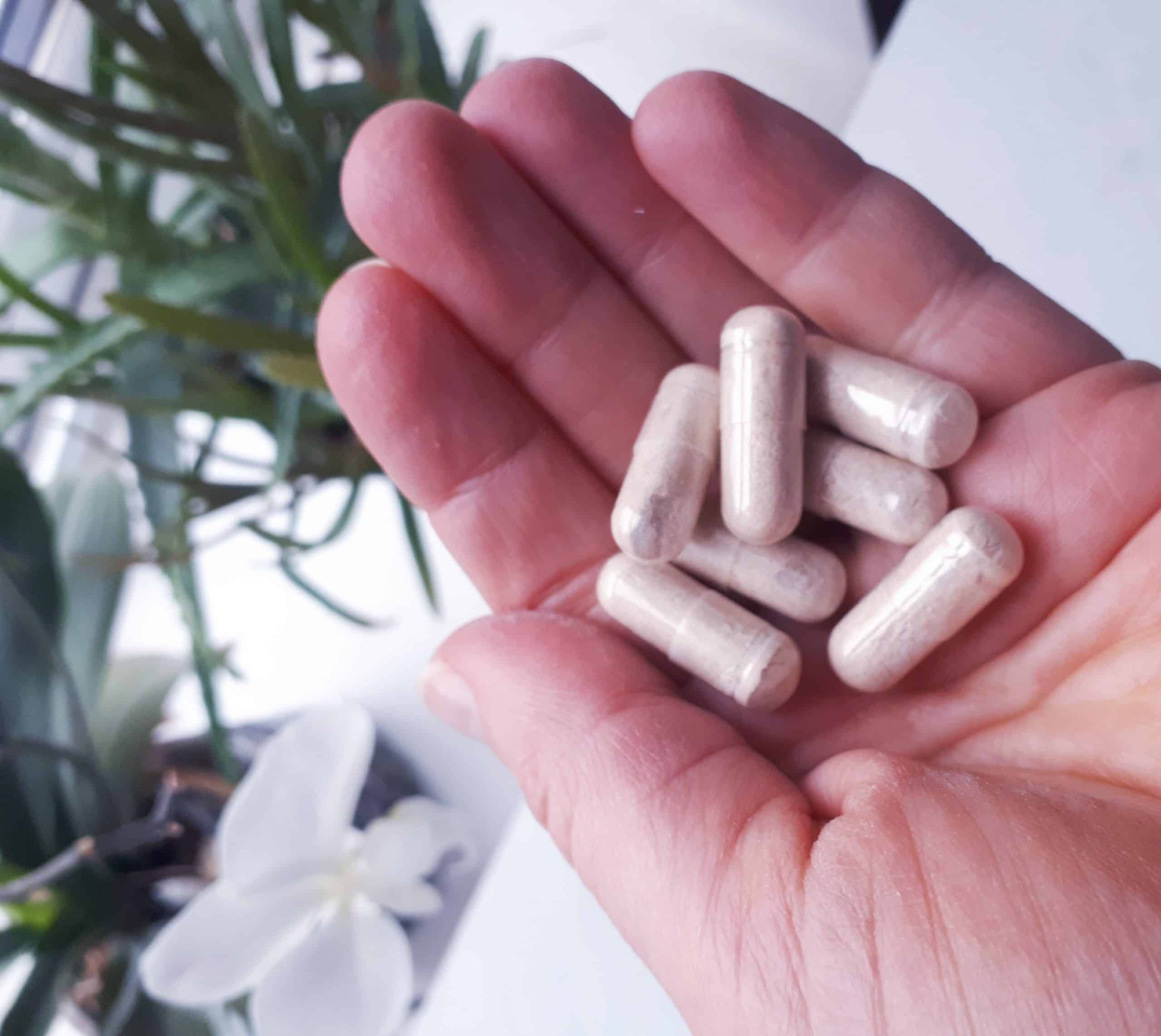 hand holding some white probiotic capsules