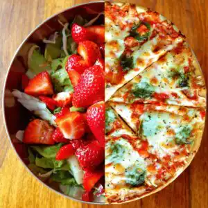 IBS Diet Changes - Goodness Me Nutrition (2)-min round bowl half filled with salad and strawberries and the other half with pizza