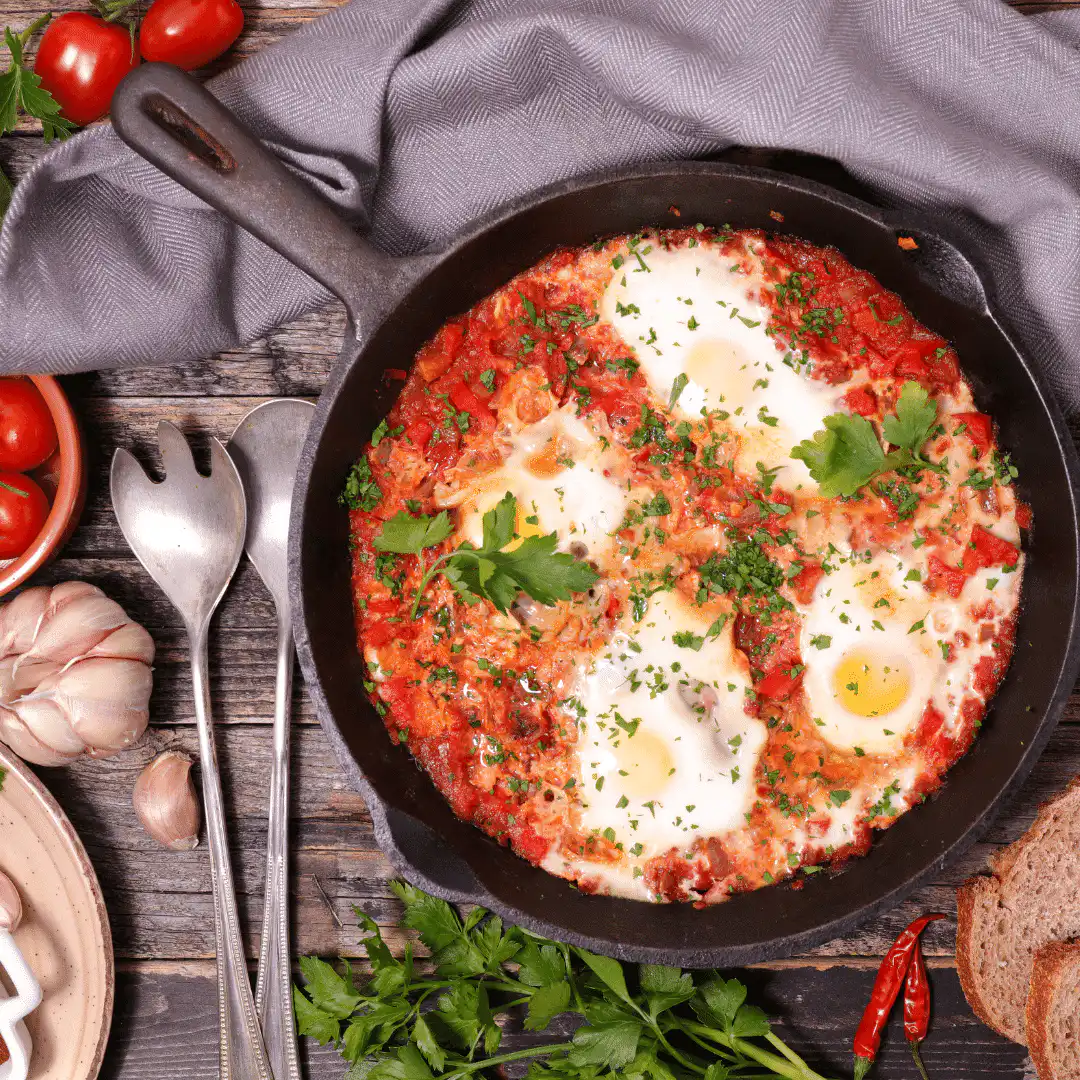 Black skillet pan with tomato sauce and 4 eggs baking inside, sprinkled with parsley. Next to the pan is some garlic, bunch of parsley and a grey cloth.