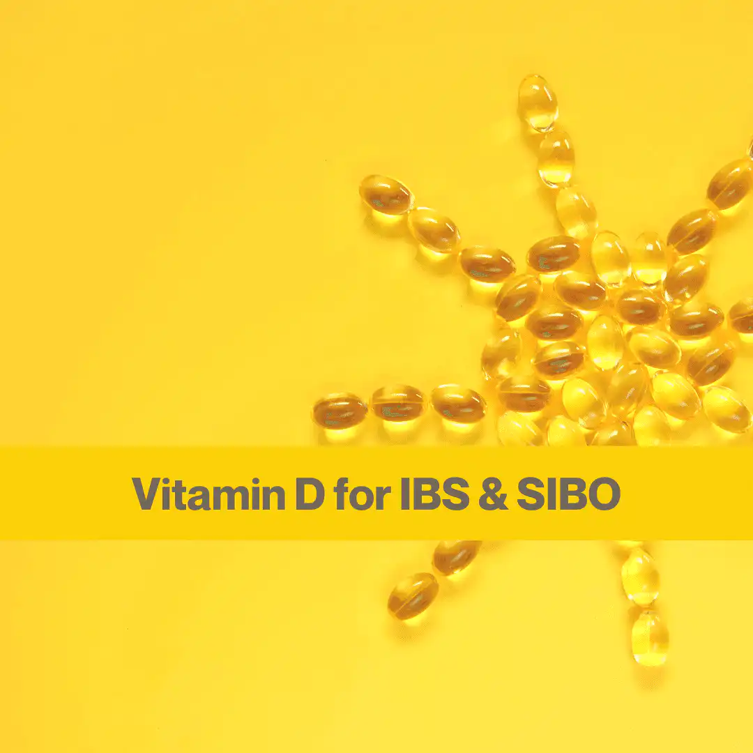 golden yellow background, gel yellow capsules in a sun shape, words Vitamin D for IBS & SIBO in brown