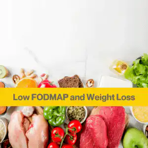 An assortment of meat and low FODMAP veg against a marble grey work top, and the words Low FODMAP and Weight Loss against a yellow banner