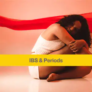 IBS and periods (1) Woman wearing a white vest and shorts sitting on the floor, arms around her knees, a red veil floating behind her.