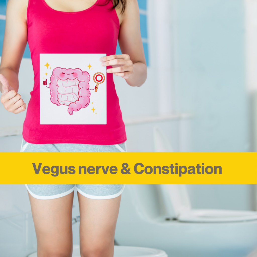 White woman standing in a bathroom weaning a pink vest holding a cartoon picture of a gut in front of her stomach. 