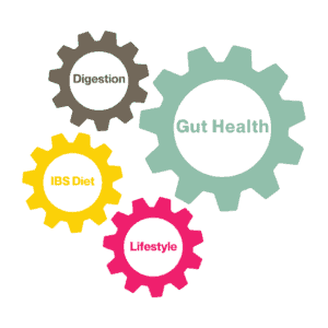 4 cogs linking together in a circle with words in the centre of each one, pink is lifestyle, the largest one is light green saying Gut Health, yellow is IBS Diet, Brown is Digestion.