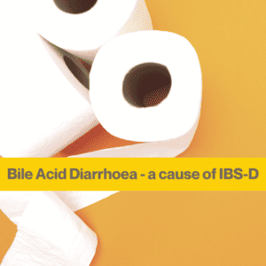three toilet rolls against an orangy yellow background. A yellow banner across the photo reads Bile Acid Diarrhoea - a cause of IBS-D