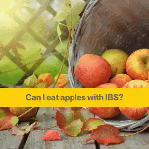 apples and IBS (1) a basket on it's side with some reddish green apples in. Some autumn leaves and the sun slanting through a lattice fence. The words, Can I eat apples with IBS across the photo