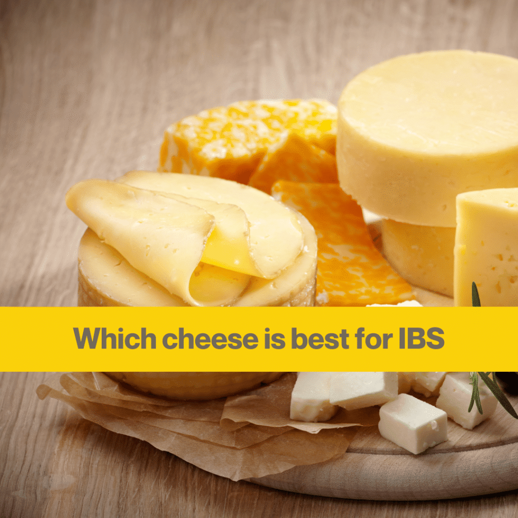a pile of yellow round cheeses on a wooden table. Words - Which cheese is best for people with IBS