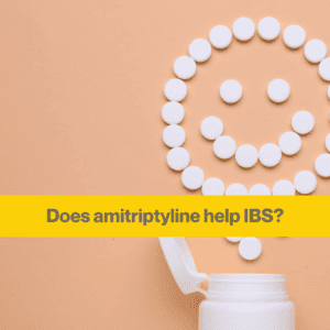 Peach coloured background with some white pills making up a smiley face, and a white bottle, cap open underneath it. The words Does amitriptyline help IBS?