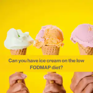 ice cream on the low FODMAP diet (1) Yellow background with a close up of three white people's hands each holding a cone with a scoop of ice cream at the top. The colours are pale pink, orange and yellow ice cream.