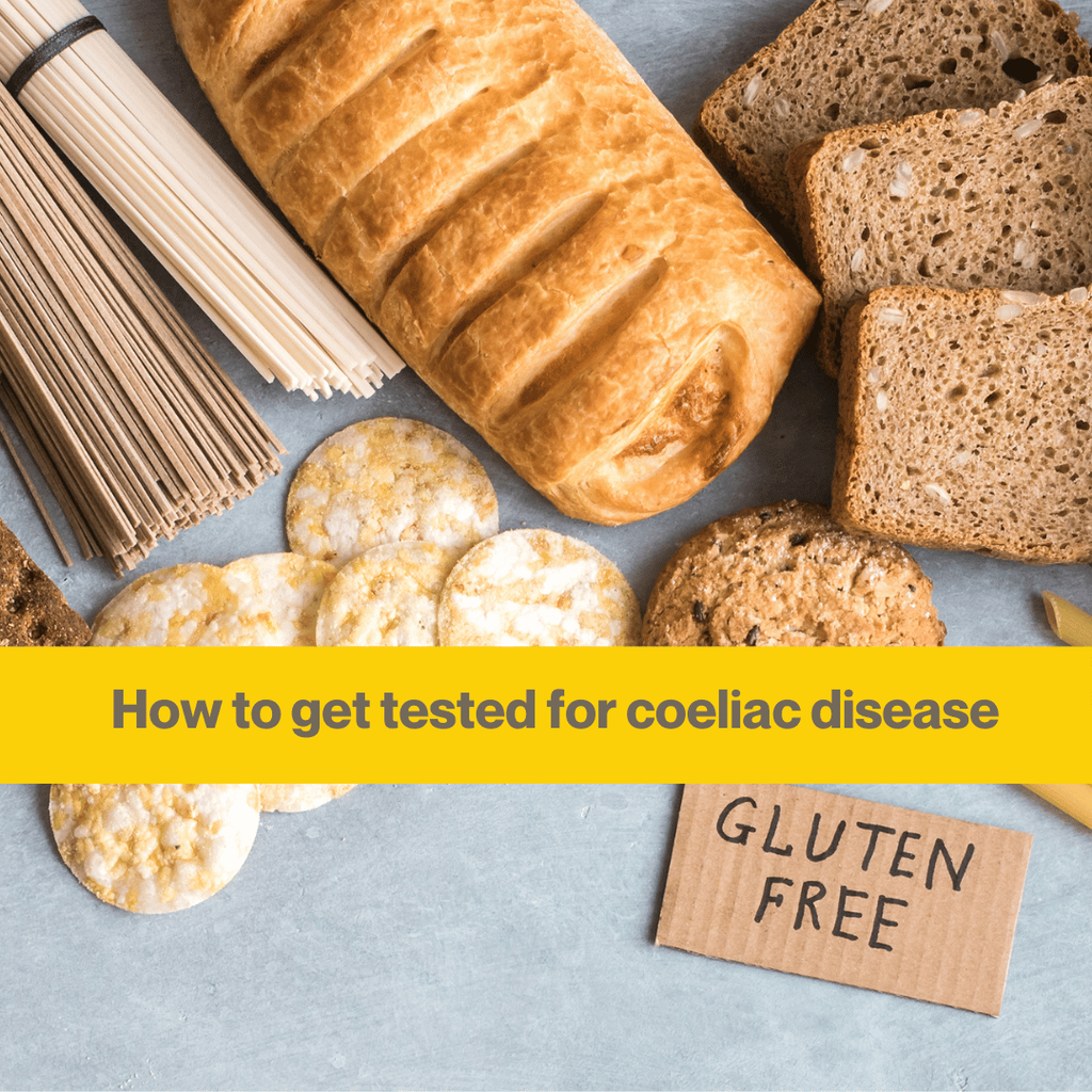 IBS and Coeliac Disease: A guide to understanding & diagnosis 2 A selection of breads and brown spaghetti with the words Gluten Free on a grey background. Words - How to get tested for coeliac disease