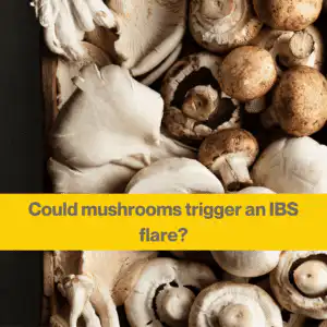 mushrooms and IBS (1) Close up of mushrooms with the words could mushrooms trigger and IBS flare?