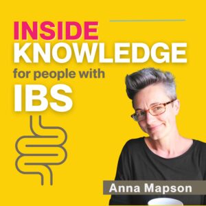 Inside Knowledge for people with IBS podcast cover showing Anna Mapson smiling against a yellow background
